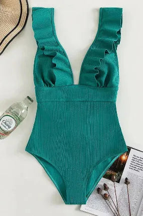 Women's black one-piece swimsuit with ruffled shoulder straps and lace-up back.