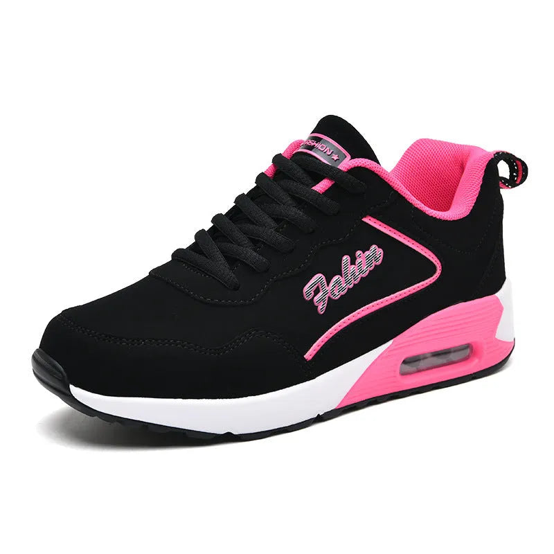 Spring leather plus size air cushion sports shoes for women, casual walking, low-top lace-up, black and white colour