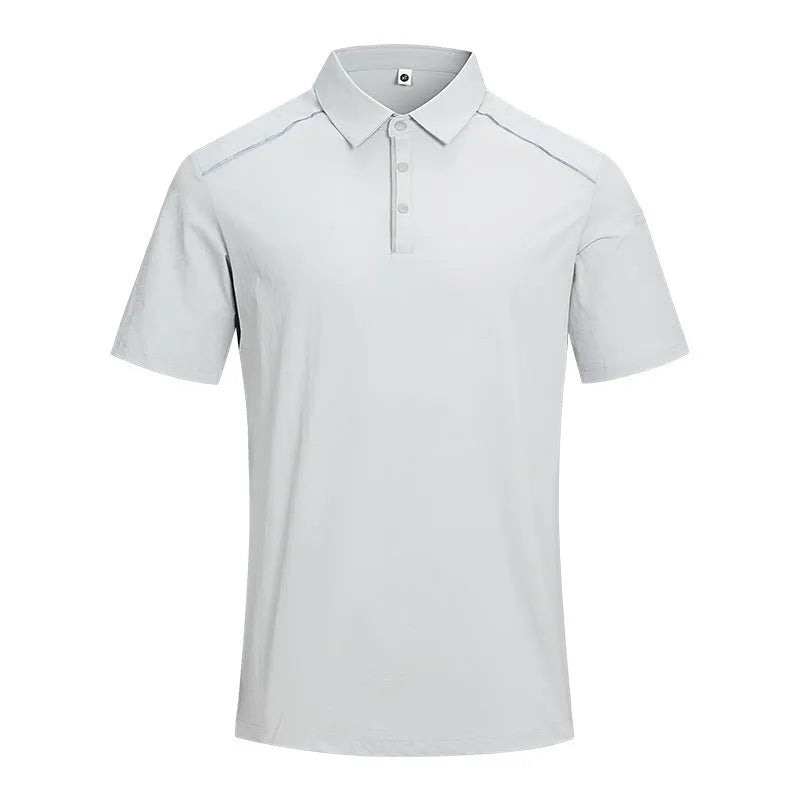 Men's solid colour quick-dry polo shirt in nylon blend fabric on a hanger.