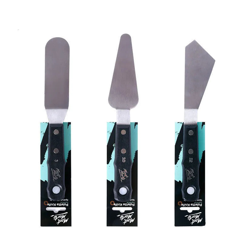 Three stainless steel palette knives for oil and acrylic painting, styles No. 3, No. 10, and No. 12.
