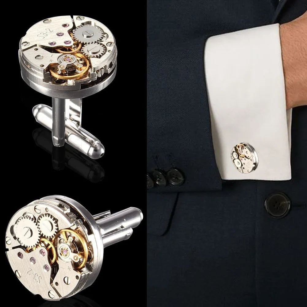 Silver geometric men's cufflinks with copper body and mechanical watch movement on dress shirt cuff