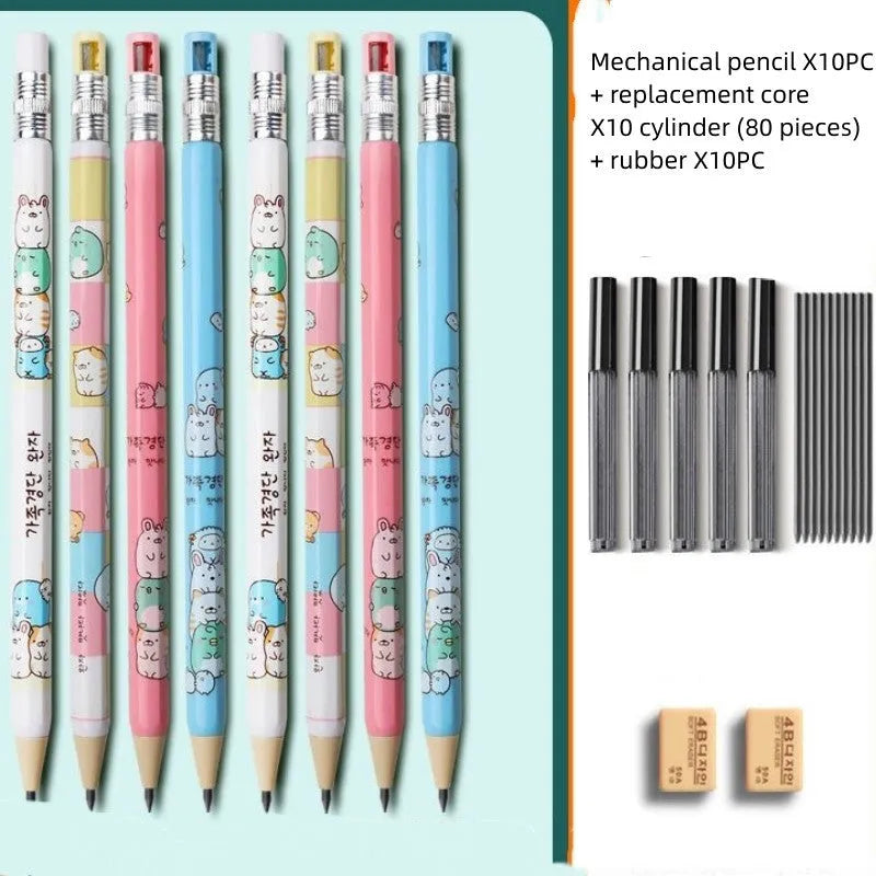 Set of colourful cartoon-style children's mechanical pencils with 2.0mm leads and separate rubber erasers.