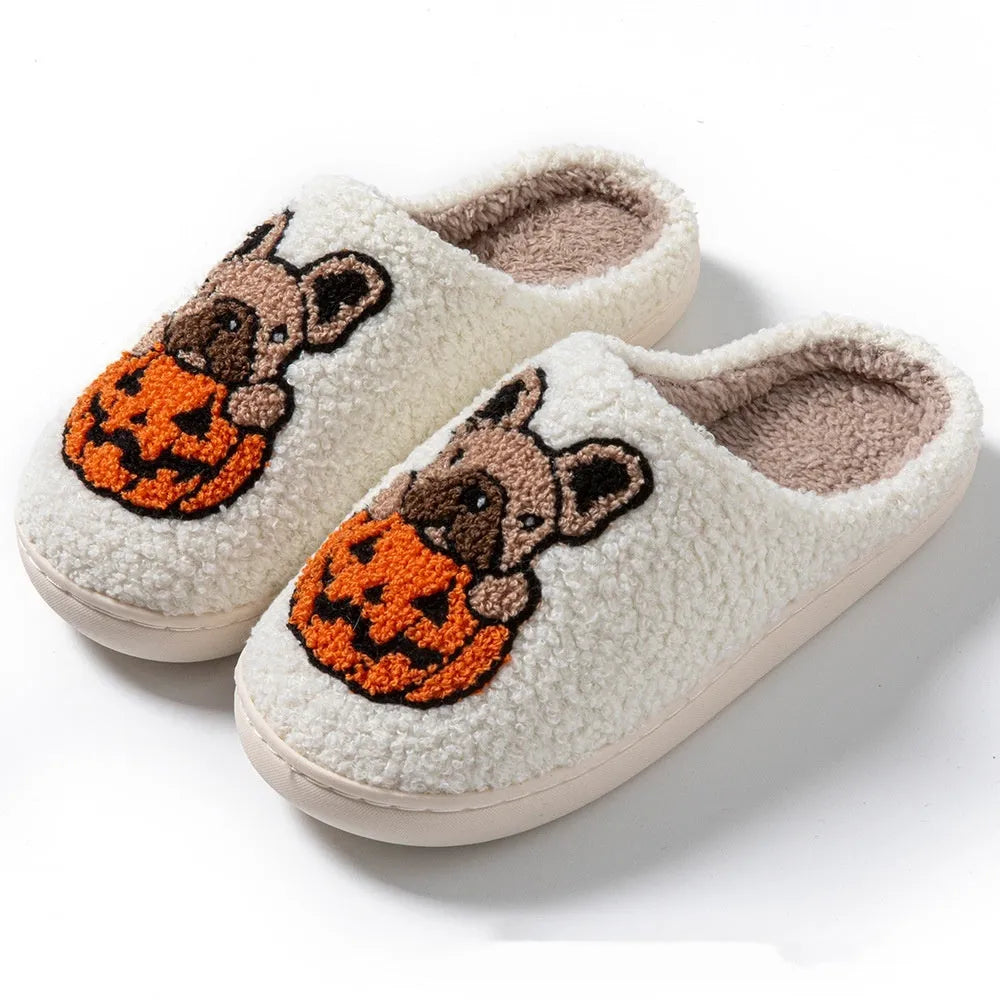 Halloween pumpkin pattern house slippers with plush material and non-slip rubber soles