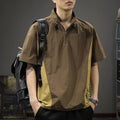 Men's half zip stand collar casual summer shirt in Ice Silk fabric, loose fit, short sleeves, brown colour