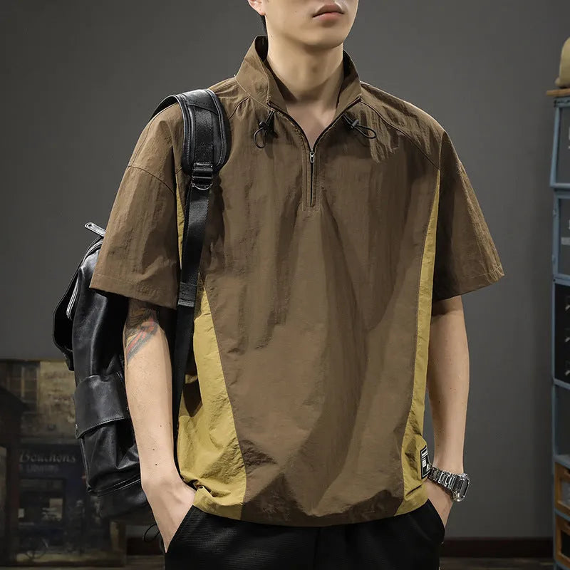 Brown men's half-zip casual shirt with stand collar and short sleeves showing ice silk fabric texture