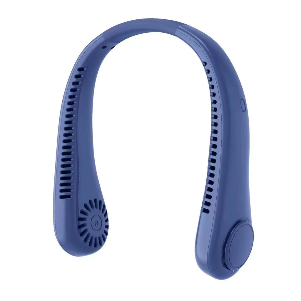 A white rechargeable bladeless neck fan hanging around a person's neck, showing its compact, hands-free design.