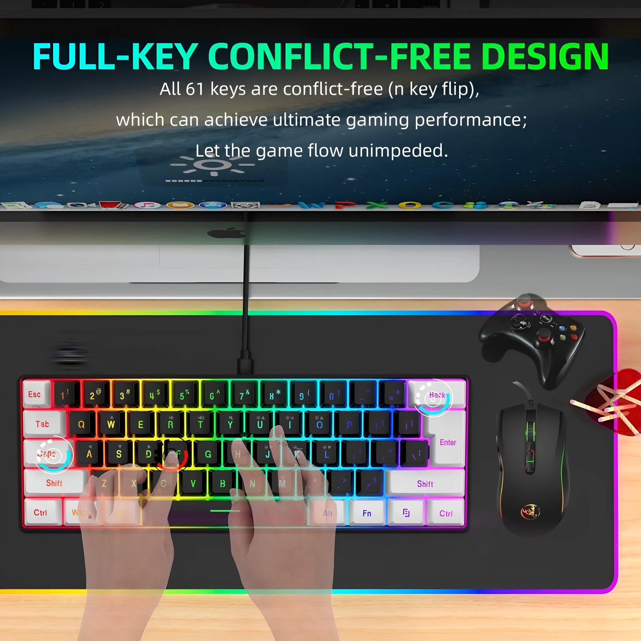 White and black keyboard and mouse combo with colour backlighting and 1.5-metre USB cable