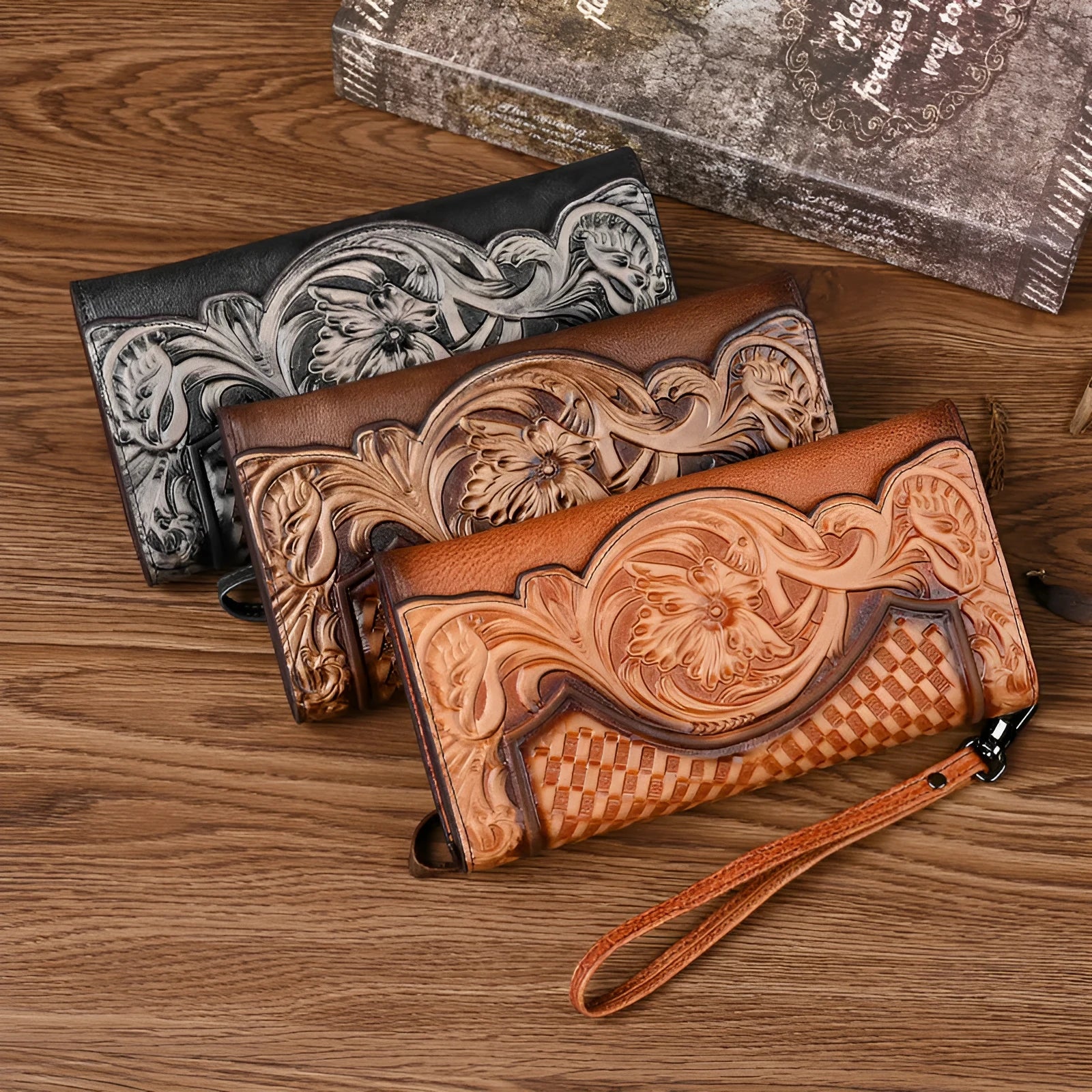 Vintage brown floral embossed women's tri-fold leather wallet showing interior organisation