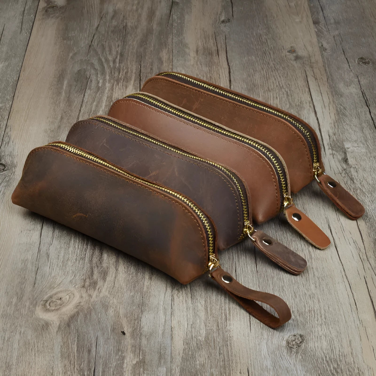 Handmade genuine cowhide leather square pencil case measuring 18cm with zipper closure in solid colour