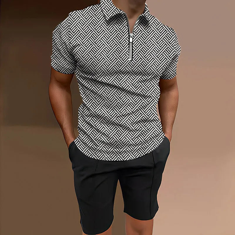 Men's printed polyester two-piece casual set with matching short sleeve top and shorts