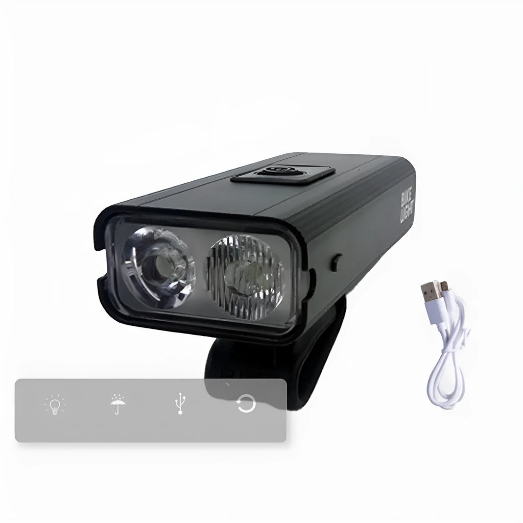Mountain bike night light with 1000 lumens high beam and red blue flashing mode mounted on handlebar
