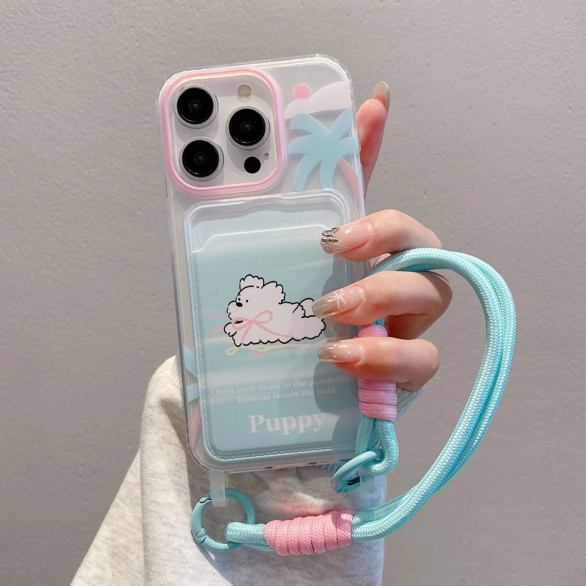 Cartoon lanyard phone case with card holder in Coconut Puppy colour for iPhone 15