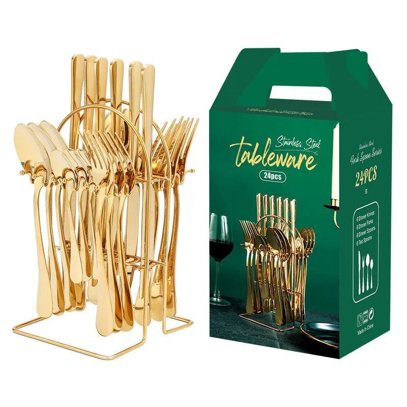 24-piece stainless steel cutlery set with storage rack in a gold finish