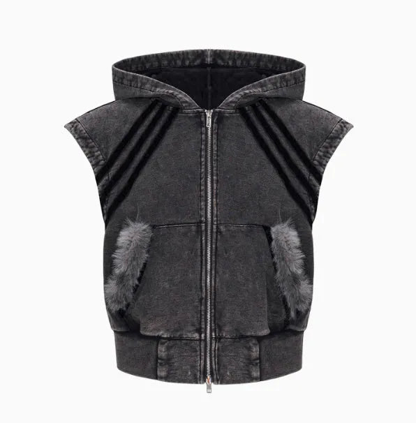 Korean style hooded sleeveless tank top and matching trousers set in washed fabric