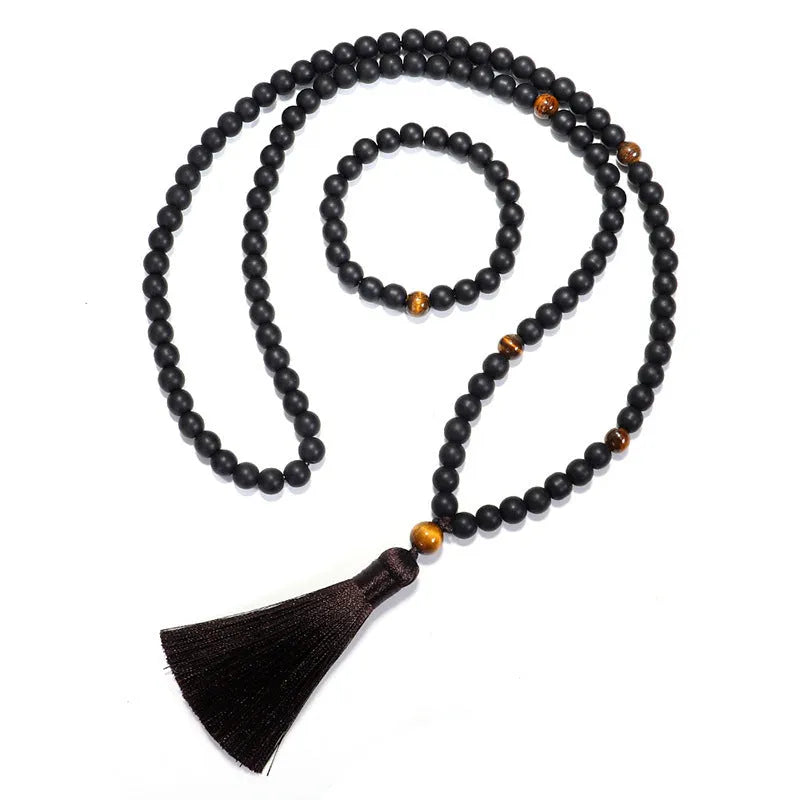 Tiger's eye stone beaded bracelet and necklace set with 108 beads and drop-shaped pendant