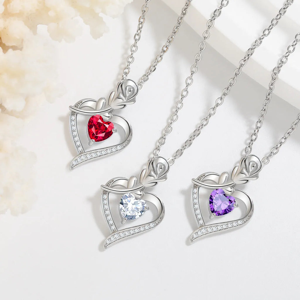 Rose heart-shaped necklace with rhinestones in copper electroplated finish, available in blue, purple, red, or white
