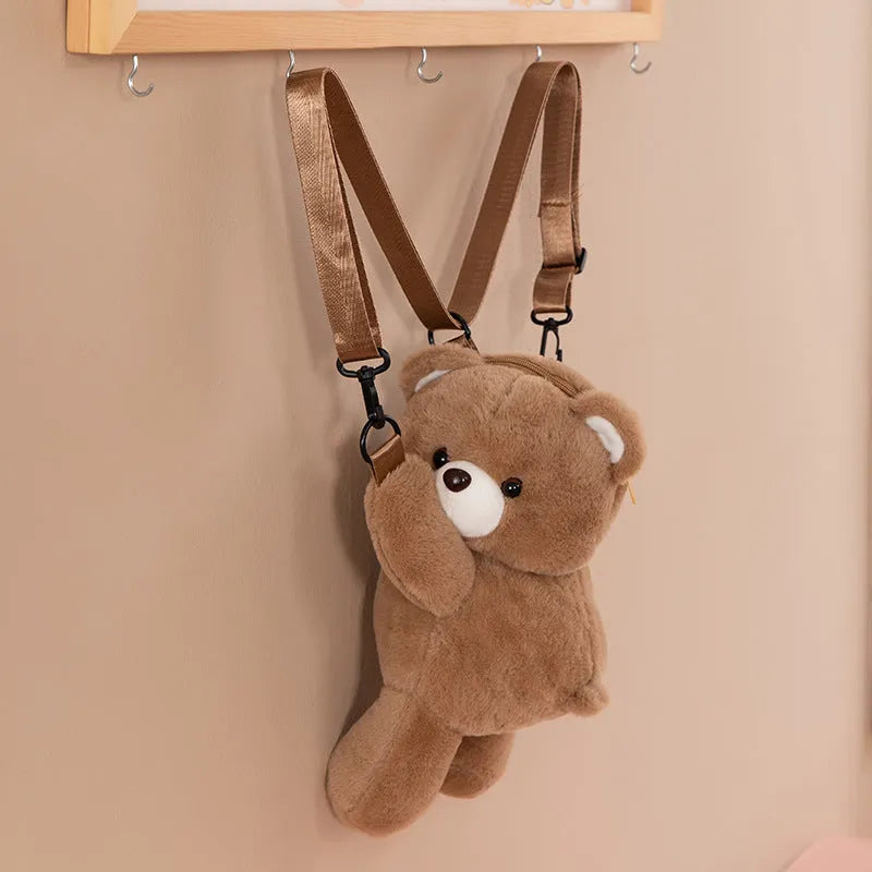 Cartoon bear lying-down plush doll crossbody bag in solid colour with airpillow straps