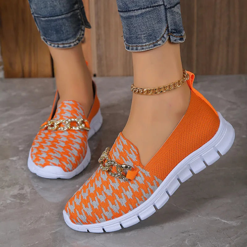 Women's casual houndstooth print chain mesh flat shoes with rubber sole and platform heel