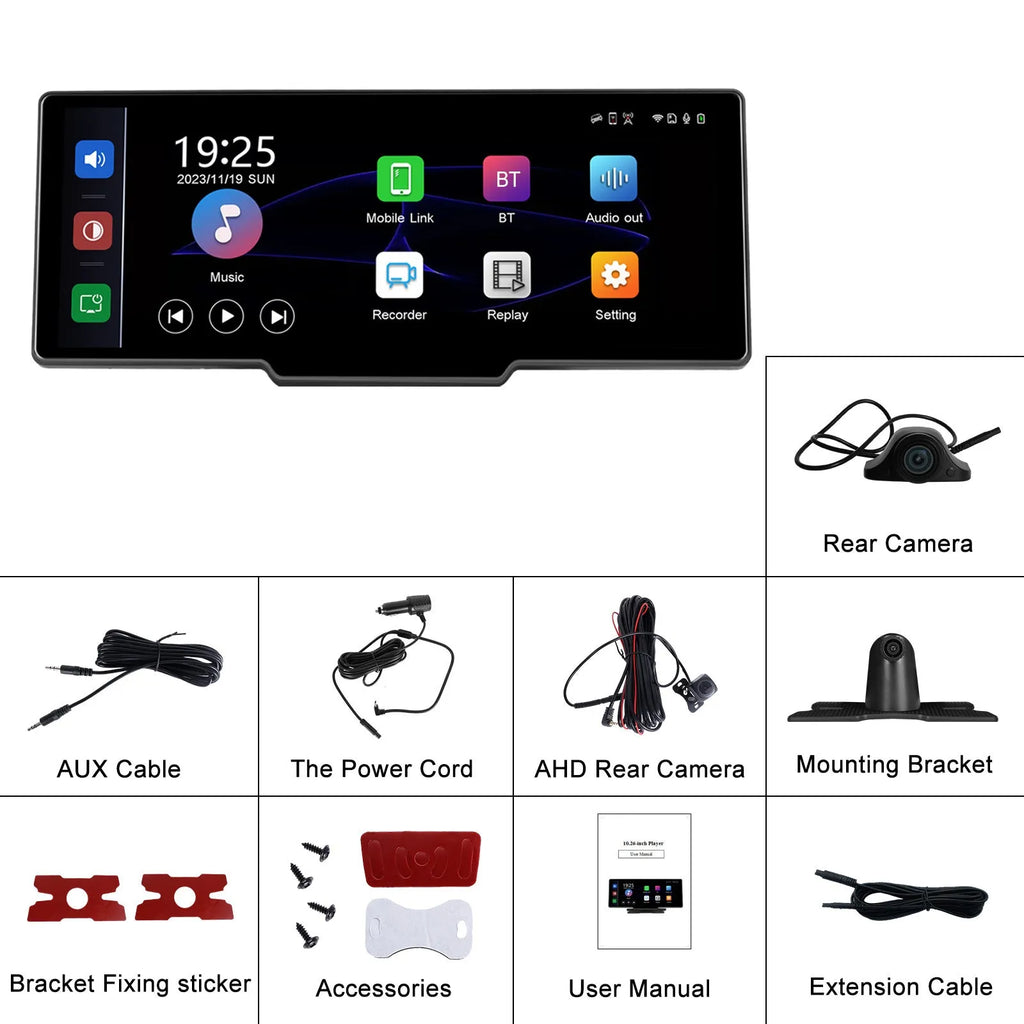 10.26-inch vehicle DVR system with rear view camera and smartphone connectivity