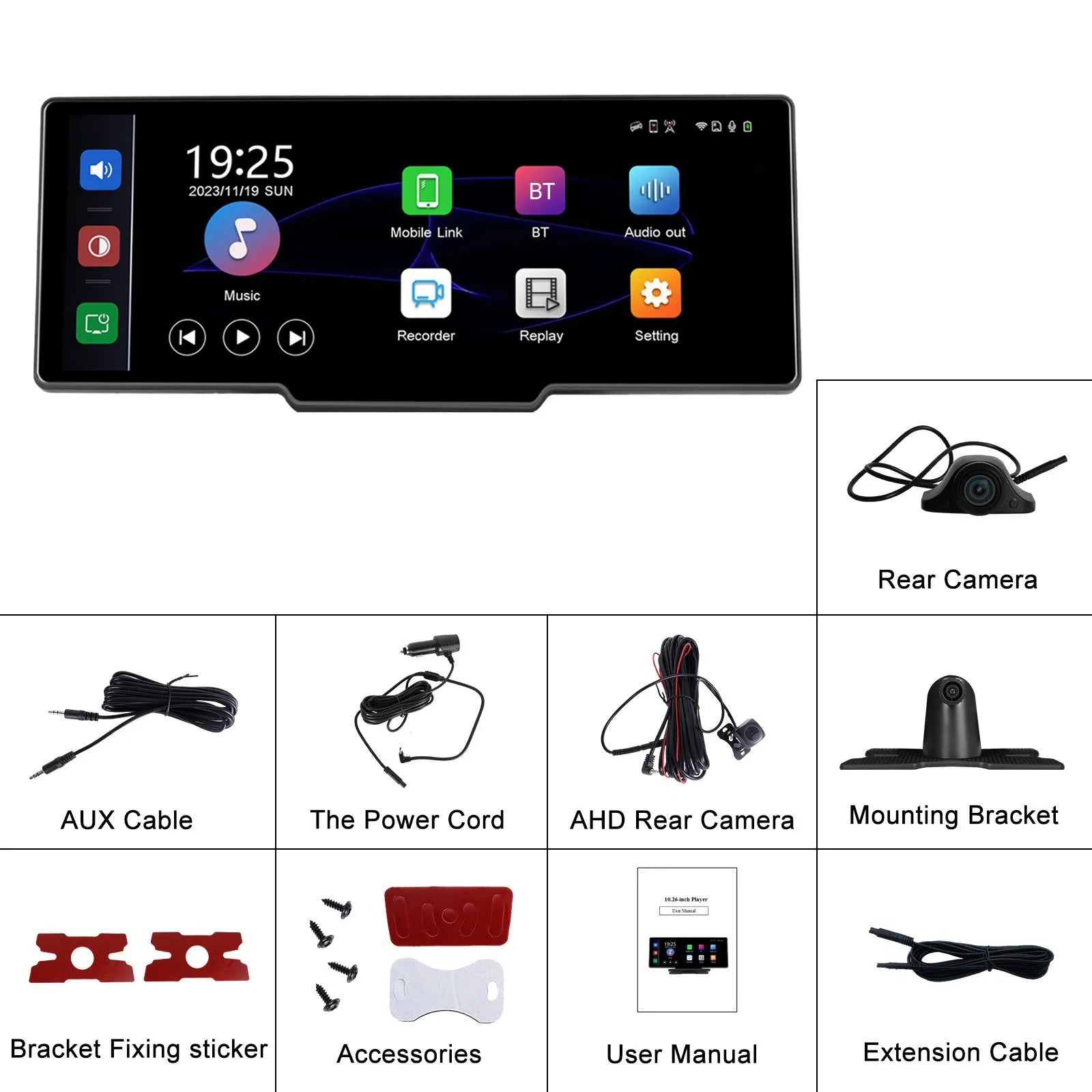 10.26-inch vehicle DVR system with rear view camera and smartphone connectivity