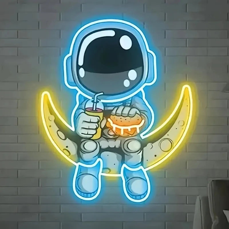 USB-powered wall-mounted astronaut neon light in blue or cold white lemon yellow, dimensions 30cm by 35cm
