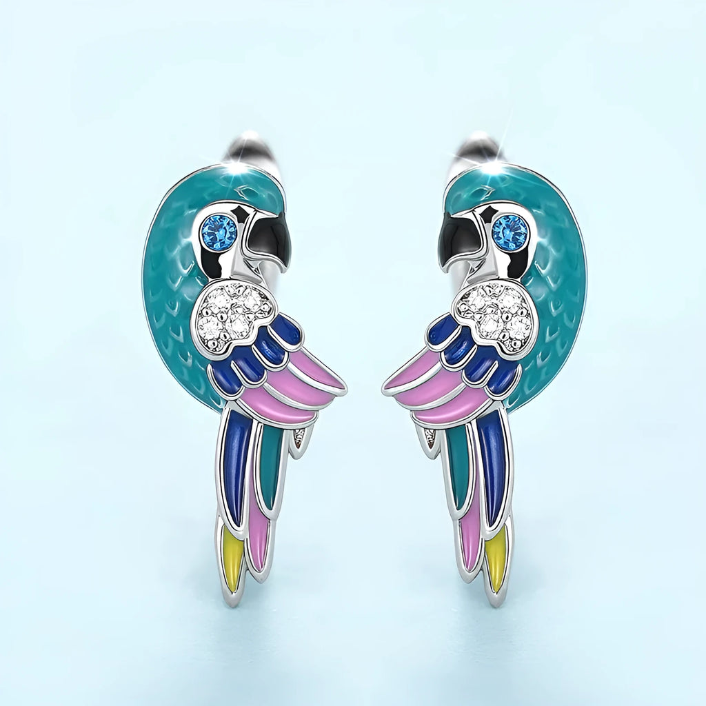 Oil dripping parrot earclip with white gold zircon stones on copper base