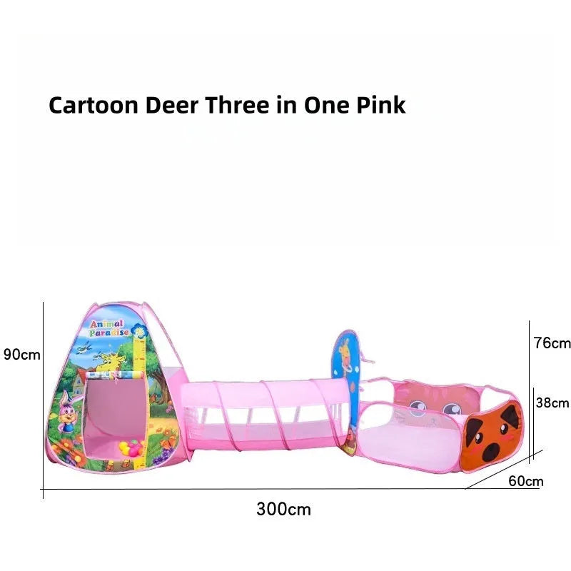 Cartoon themed three-in-one children's play tent with ball pool and tunnel