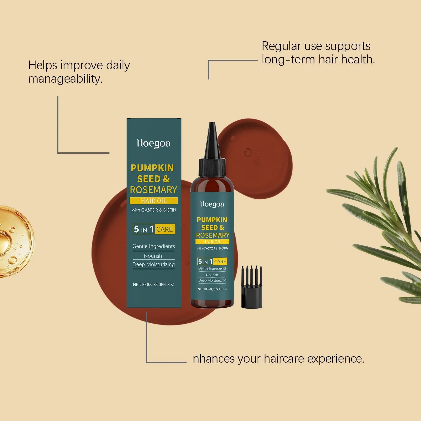 Rosemary essential oil hair care kit showing 100ml bottle, pointed nozzle, and wide-tooth comb.