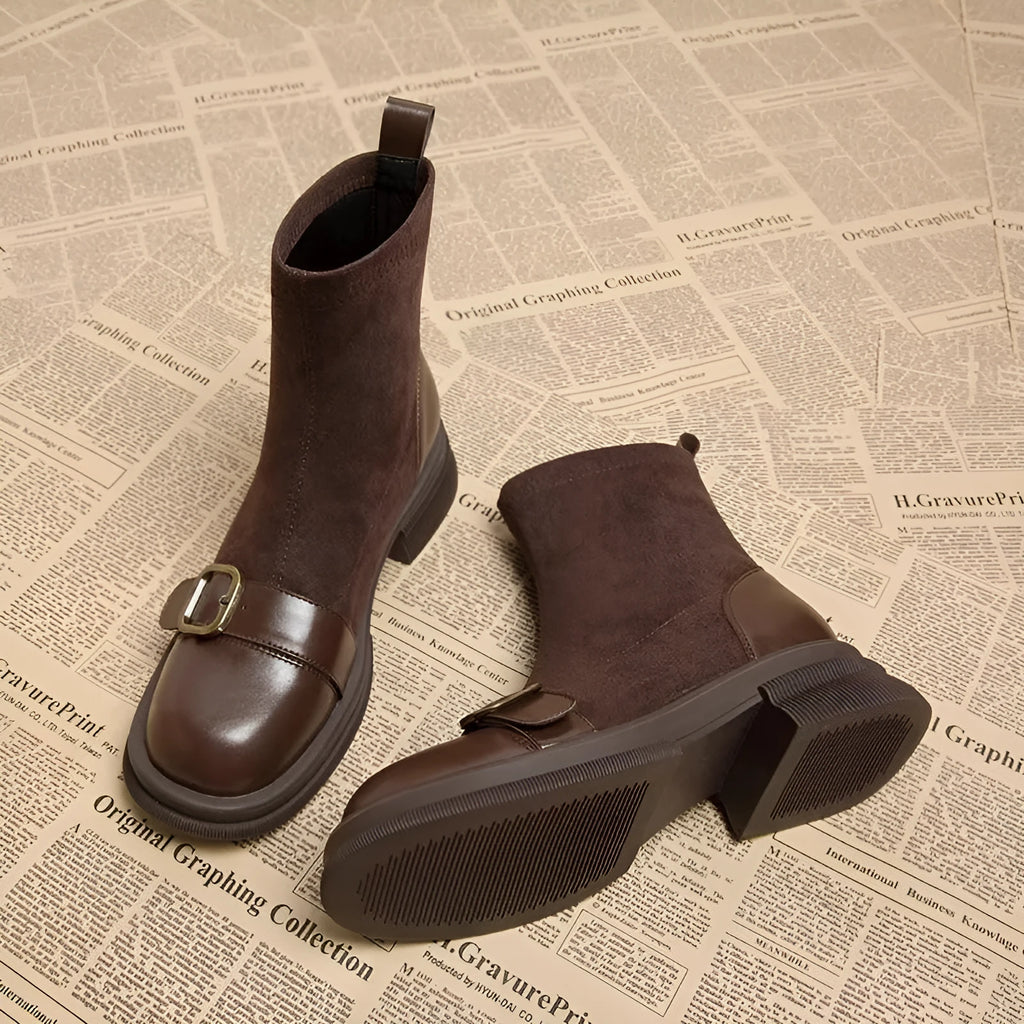 Brown retro British style women's sock boots with block heel and leather splicing detail