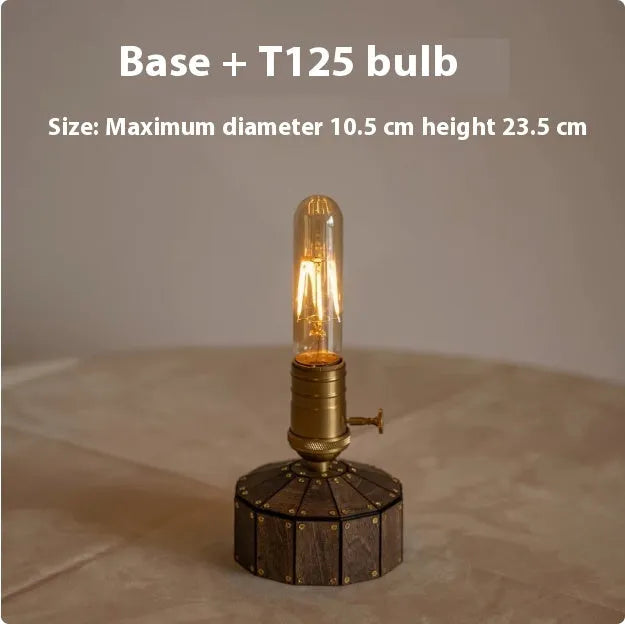 Retro glass USB charging bedside lamp with wooden base and ST64 style bulb