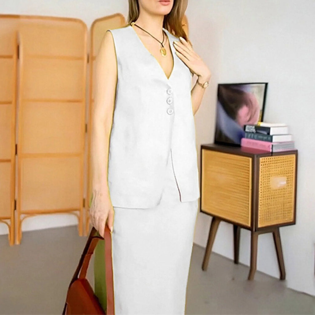 Women's white casual two-piece suit comprising a sleeveless vest and a long skirt on a hanger.