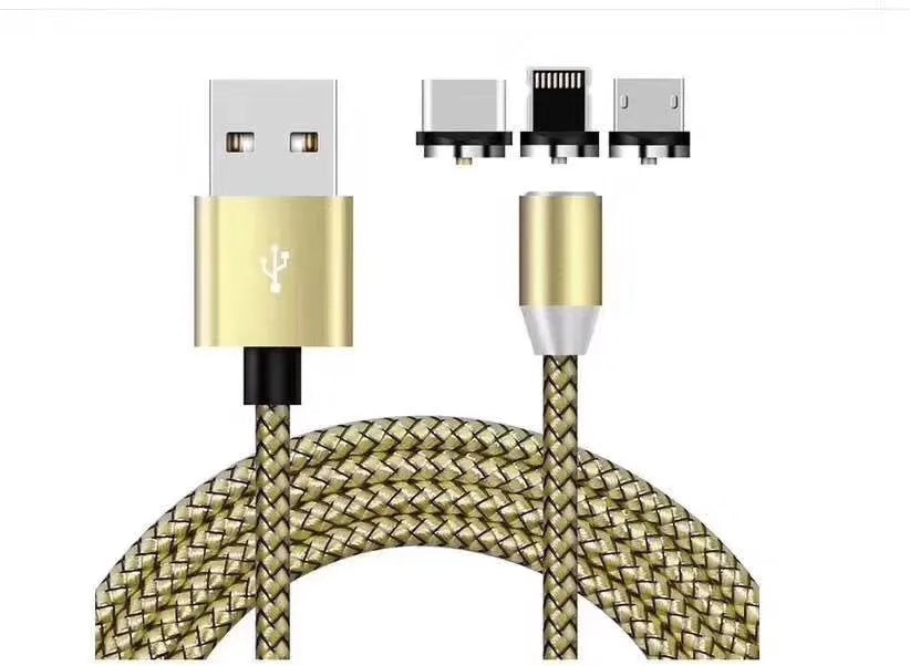 Magnetic three-in-one charging cable with interchangeable Android, Type C and Apple tips