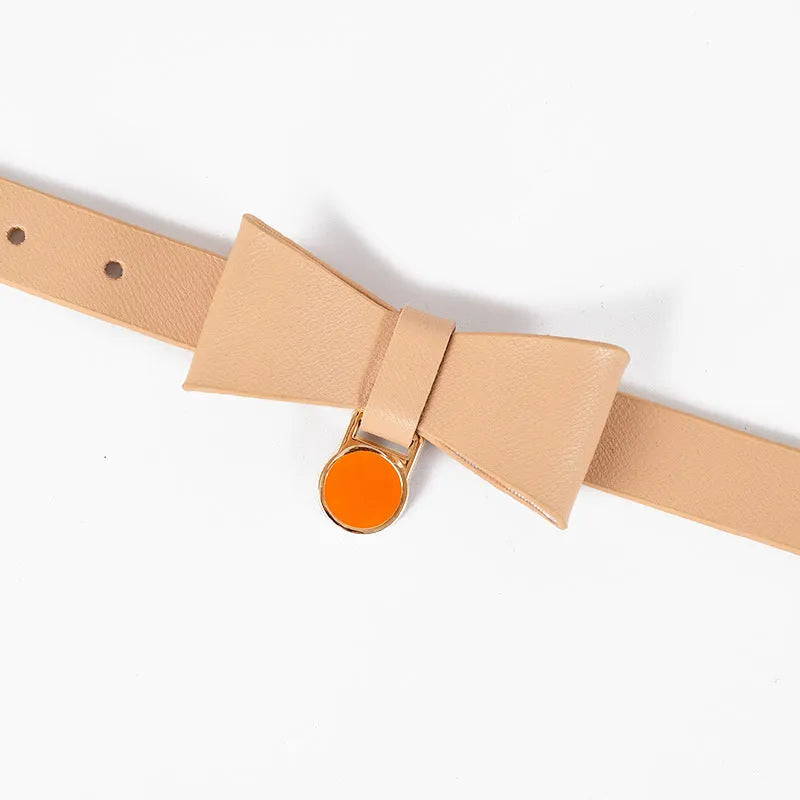 Brown leather adjustable cat collar shown alongside black, apricot, pink, blue, and green colour options.