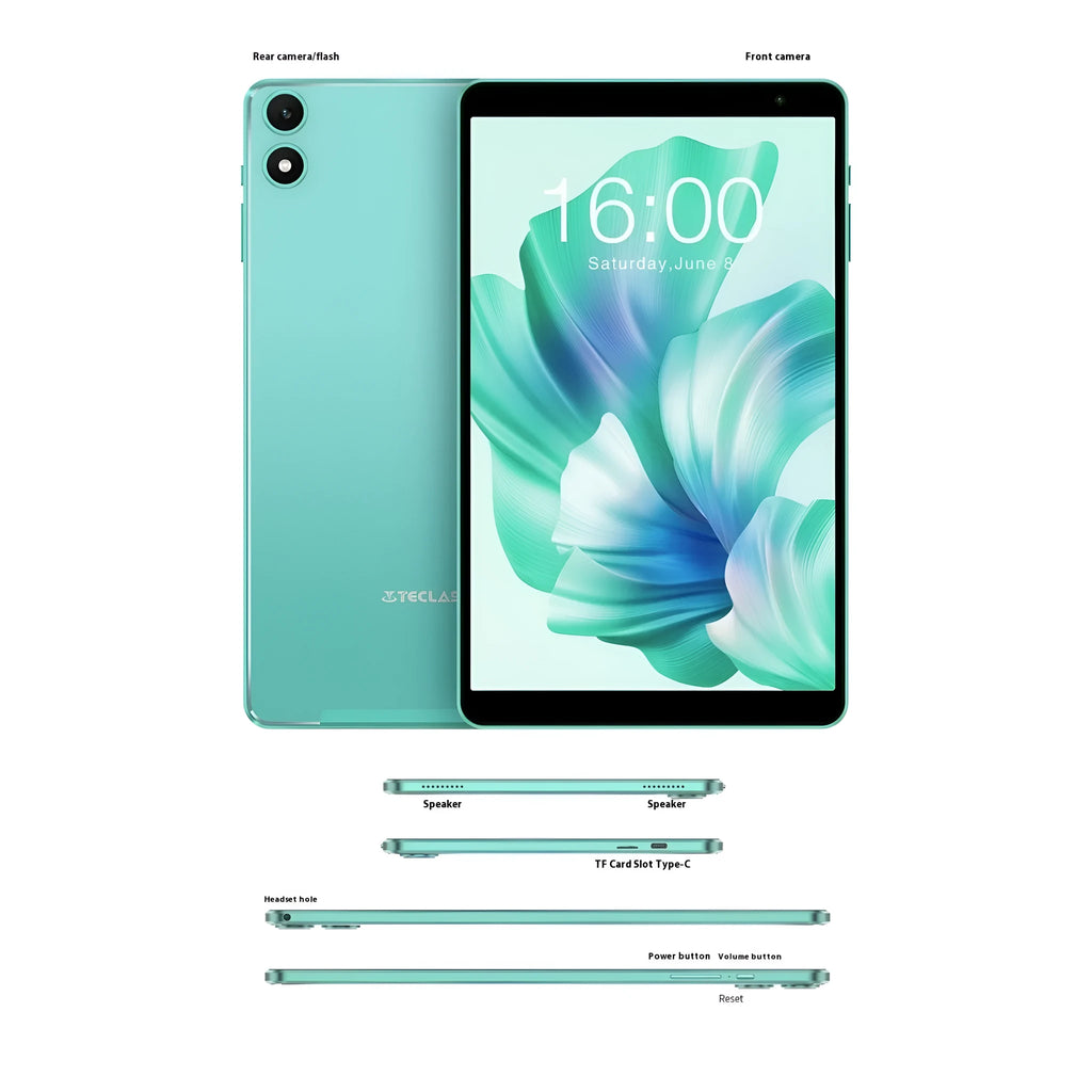 Green Android 13 tablet with 8-inch HD screen, eight-core processor, 4GB RAM, 64GB storage, and dual camera