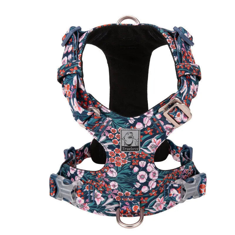 Floral pattern pet harness with chest strap in pure cotton fabric