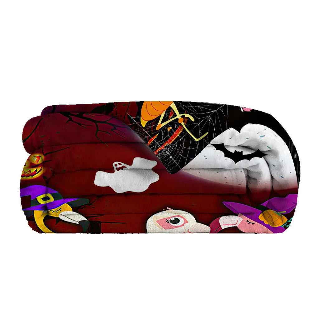 Purple flannel Halloween flamingo printed blanket on a sofa, size 130x150cm