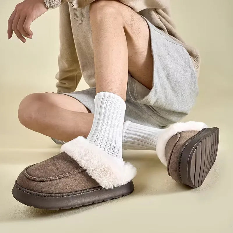 Men's non-slip plush indoor slippers with EVA sole, 4cm heel, caramel colour, round toe