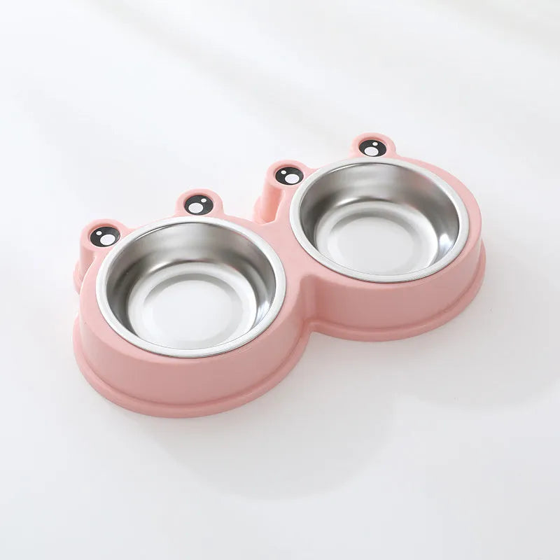 Stainless steel double pet bowl for food and water with a coloured silicone anti-slip base.