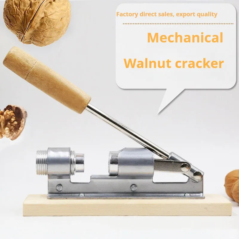 Mechanical walnut cracker tool with wooden board base and aluminium lever mechanism