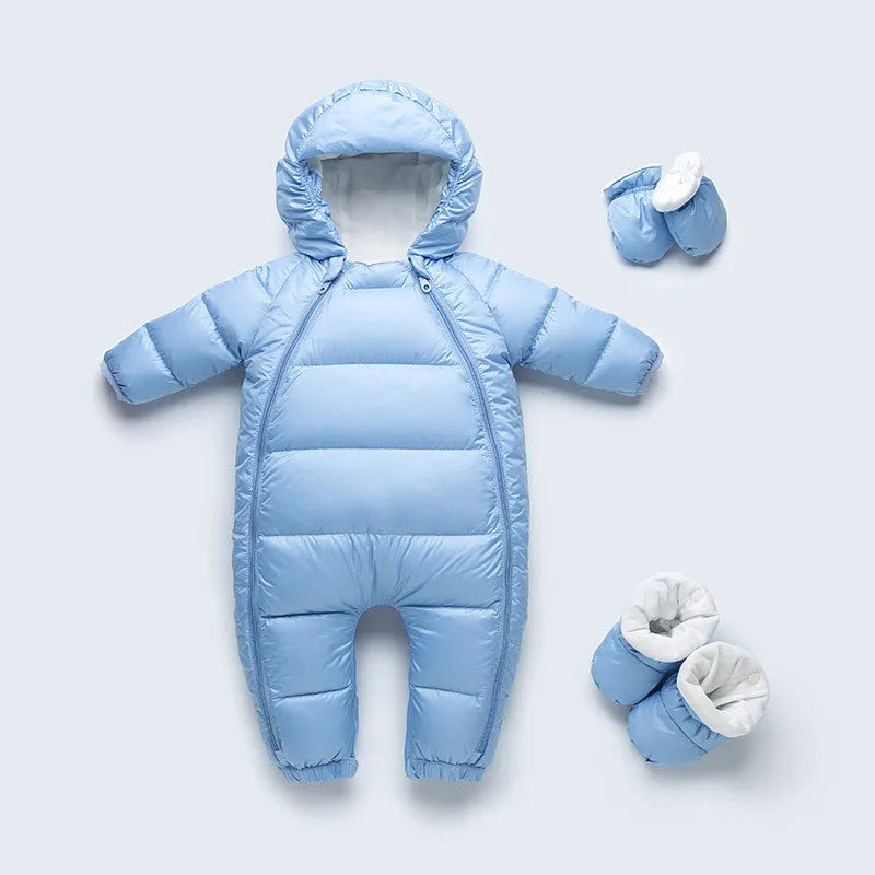 Baby down jacket jumpsuit in bear print with hood, gloves, and shoes for winter