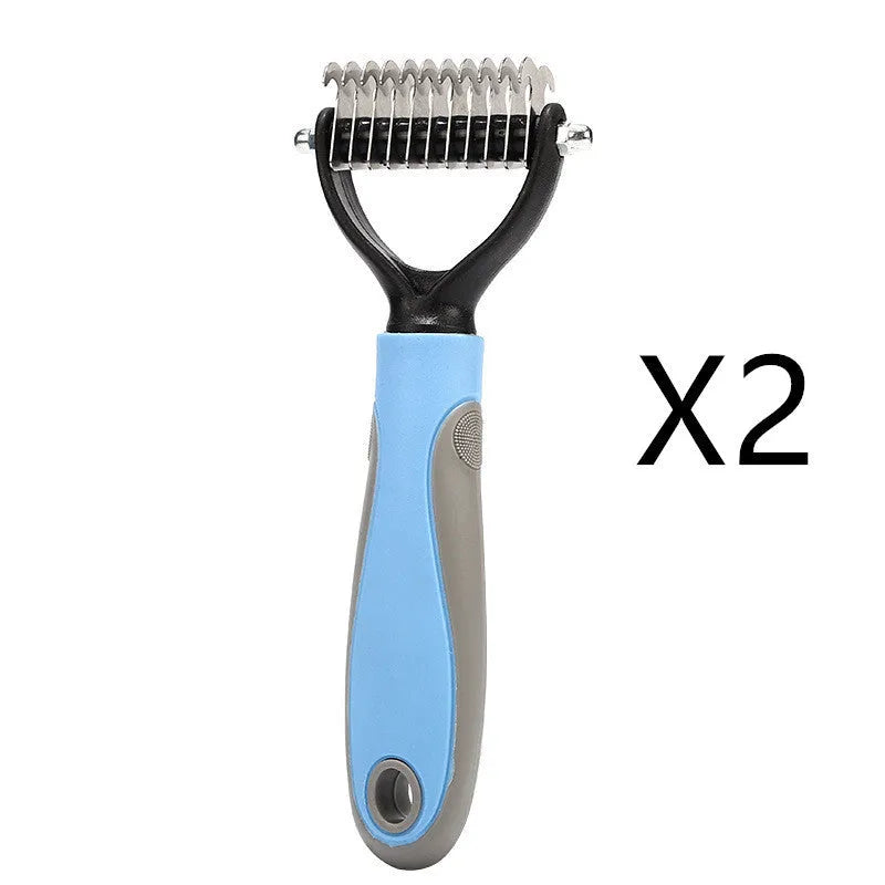 Effective Removing Knots Pet Knot Comb in blue with 17 stainless steel teeth, plastic handle, on white background