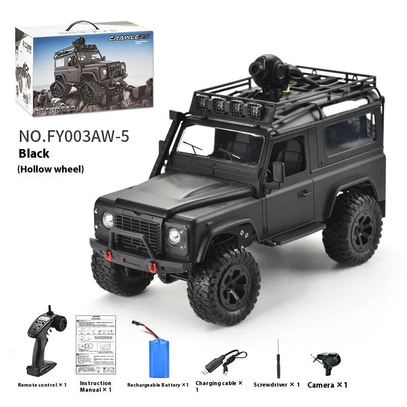 Four-wheel drive off-road RC car with controllable headlight and camera in black plastic