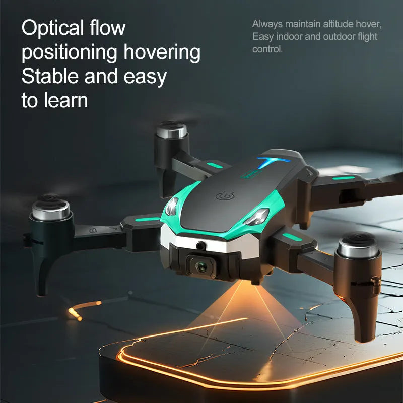 Black and yellow brushless drone with dual camera, optical flow positioning, and obstacle avoidance, under 30cm