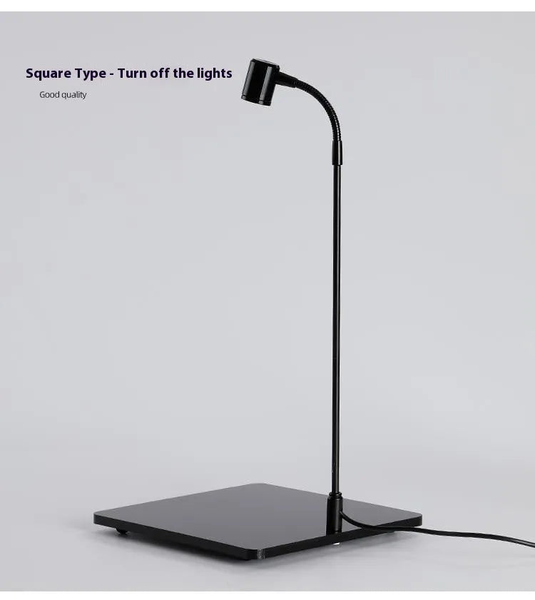LED micro landscape lamp with copper base illuminating a small acrylic fish tank with moss plants