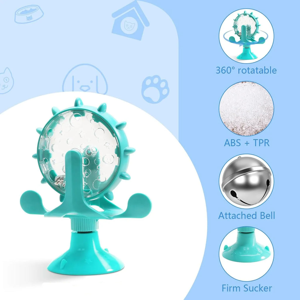 Interactive pet puzzle feeder toy with rotating food dispenser and sucker base in multiple colours