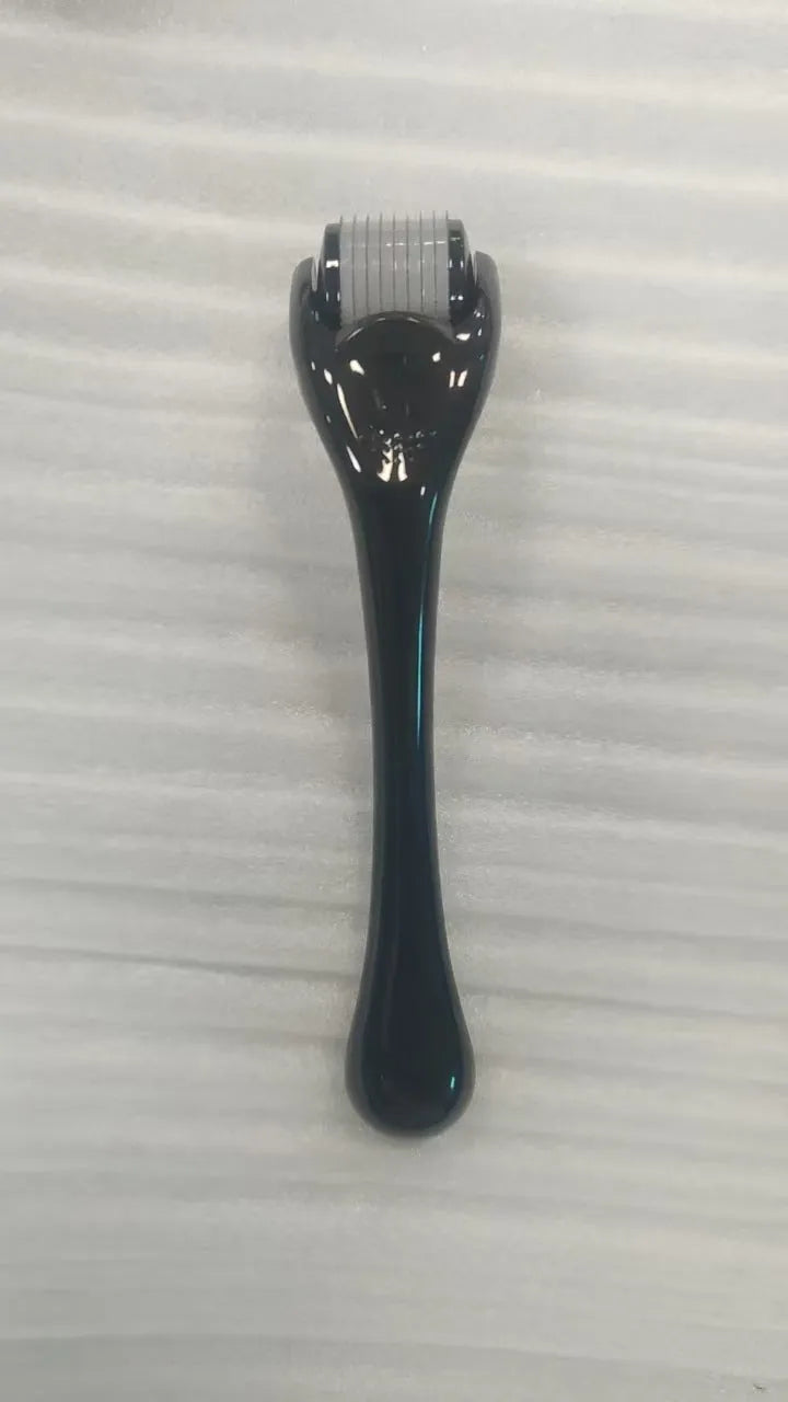 540 micro needle derma roller with black handle and purple wheel, showing adjustable needle sizes.