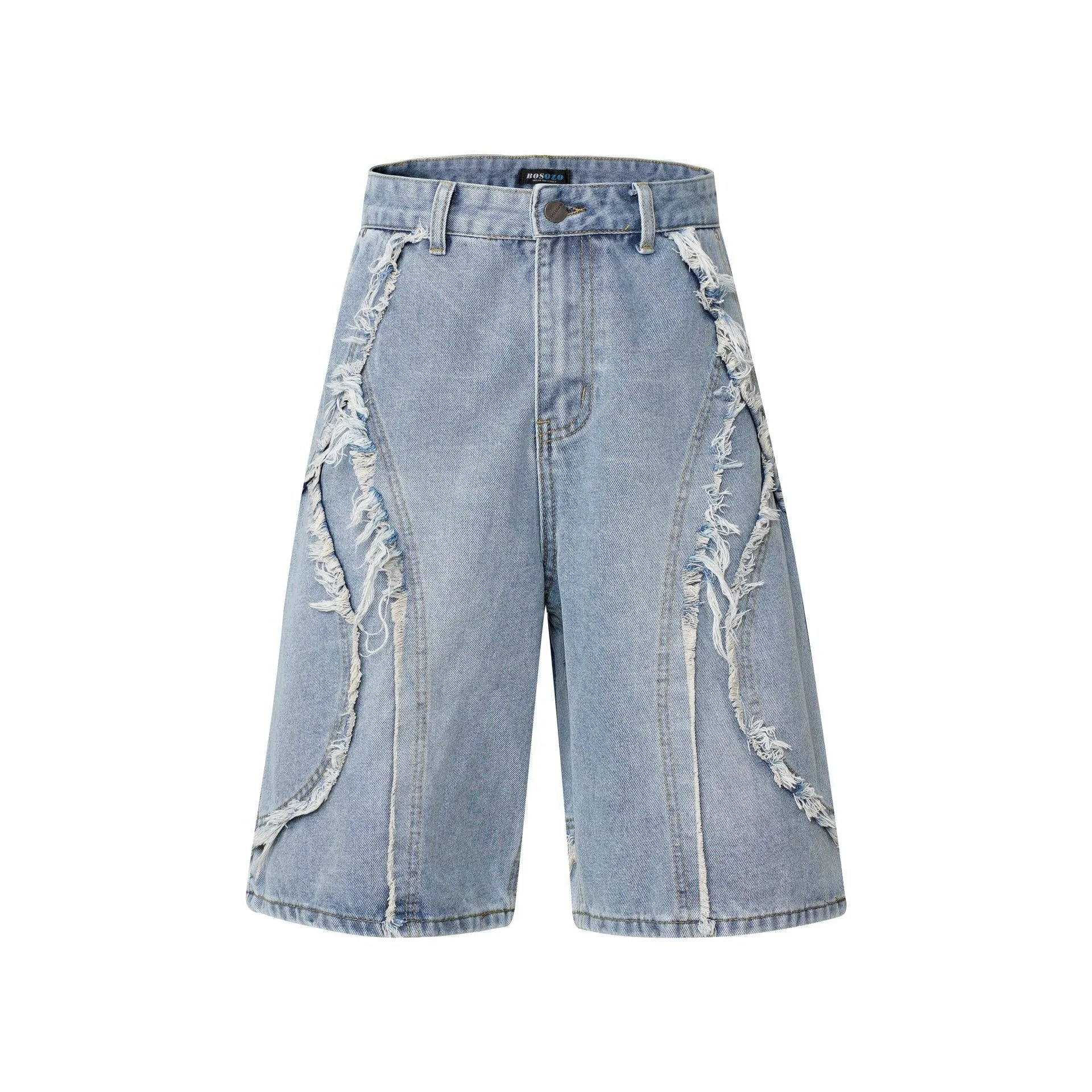 American Pu Shuai men's distressed raw edge denim shorts in straight-leg cropped cut.