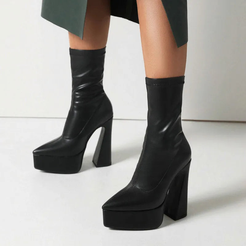 Women's thick heel super high heel platform booties in black with artificial PU upper and rubber sole