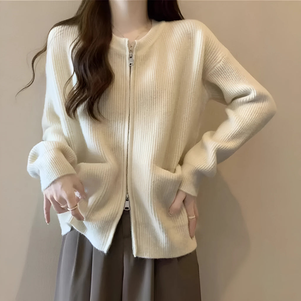 Beige viscose fibre sweater coat with long sleeves cardigan styling
