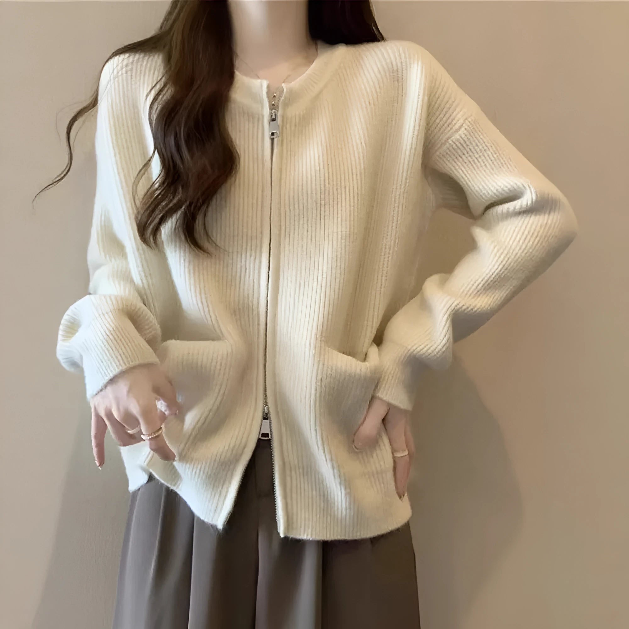 Beige viscose fibre sweater coat with long sleeves cardigan styling